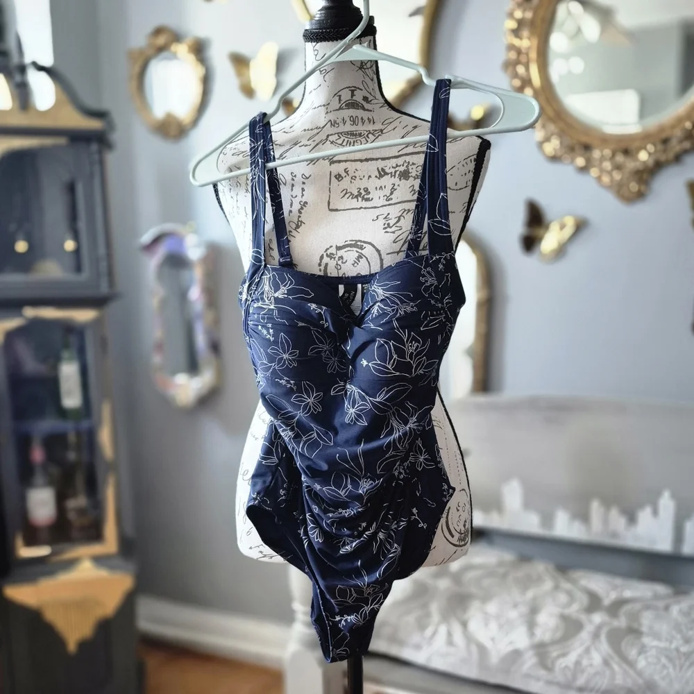 Nip Tuck Swimwear Navy Floral One Piece Swimsuit Size 4